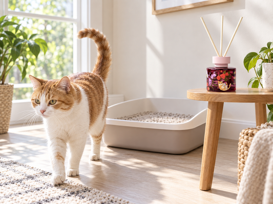 An orange-and-white cat walks away from a clean, uncovered litter box in a bright, sunlit room. A burgundy floral reed diffuser sits on a small wooden table nearby.