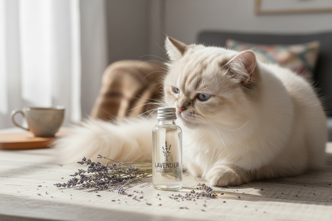 Lavender essential oil bottle next to a curious cat - vet-reviewed safety guide on lavender toxicity to cats, FUROMA 2026