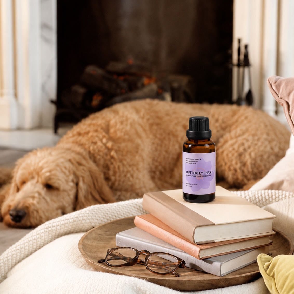 Butterfly Corn essential oil bottle on books with a dog and fireplace in the background