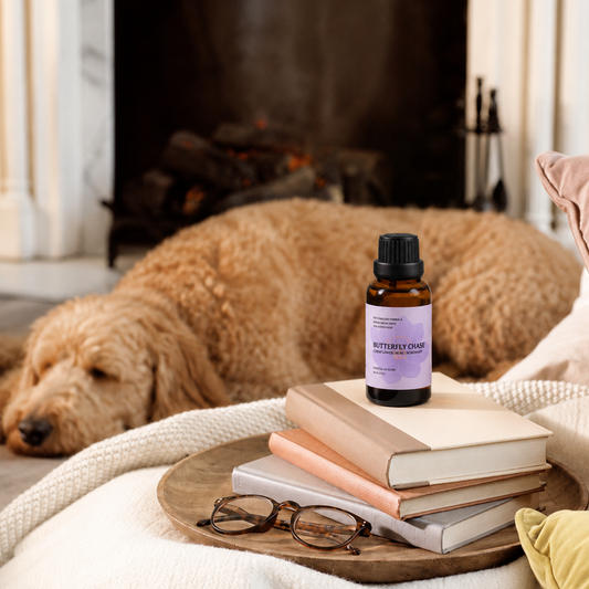 Butterfly Corn essential oil bottle on books with a dog and fireplace in the background