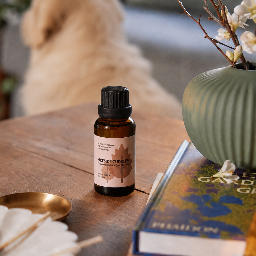 Bottle of essential oil on a table with a dog in the background