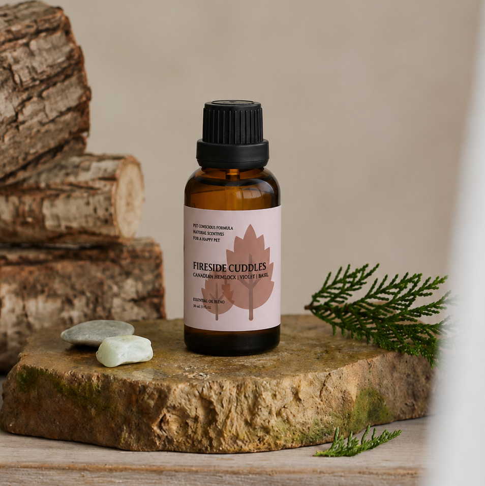 Bottle of Furoma essential oil on a wooden surface with logs and greenery in the background