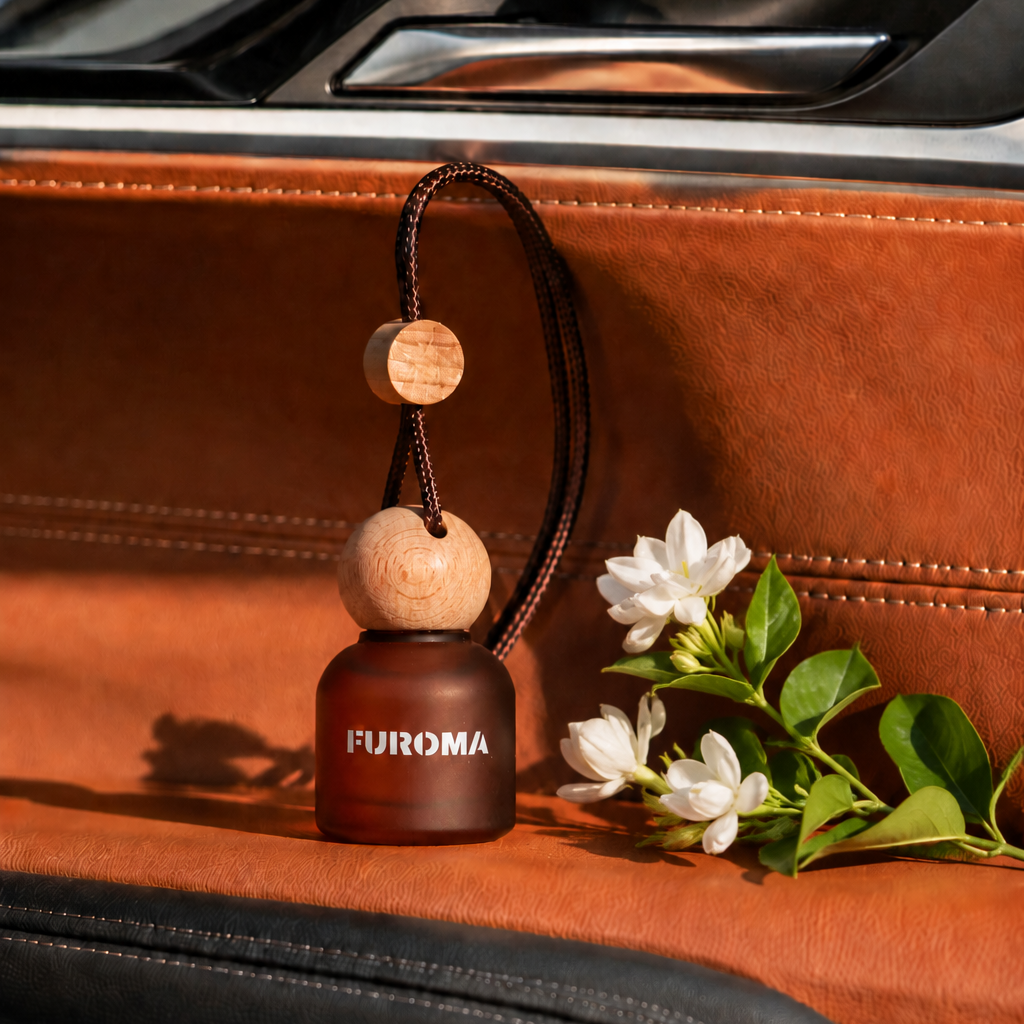 Furoma air freshener with flowers on a car dashboard